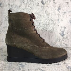 Aquatalia Chance Suede Lace-Up Wedge Boot, Forest (Olive)